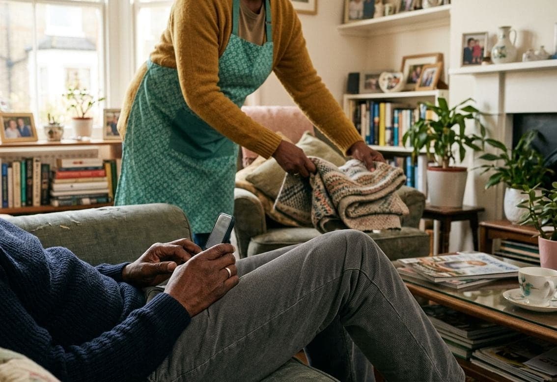An older man resting on his sofa while a woman in an apron tidies his living room, folding a throw